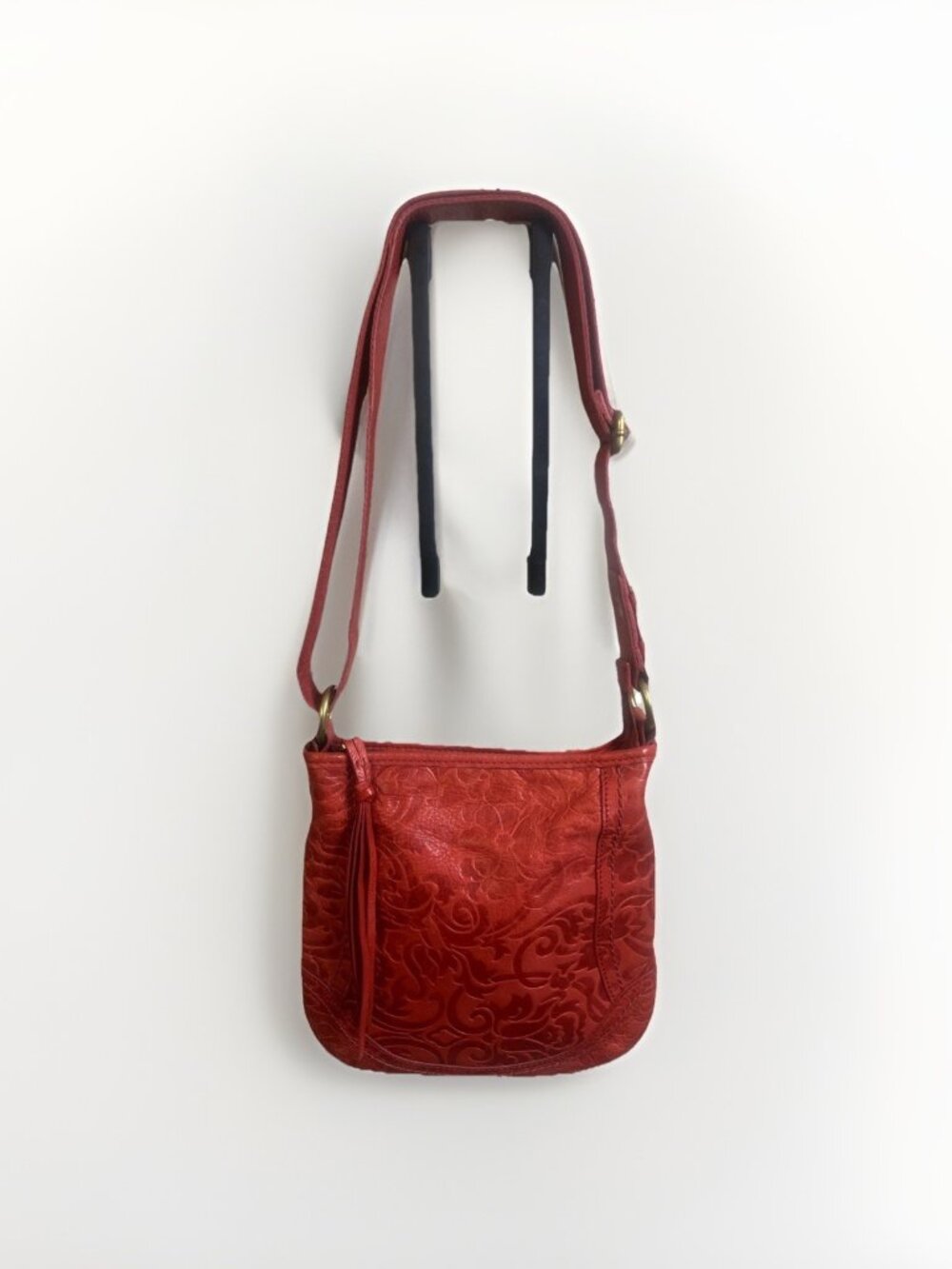 FOSSIL Burnt Orange Red Embossed Floral Leather Hobo Shoulder Bag Purse